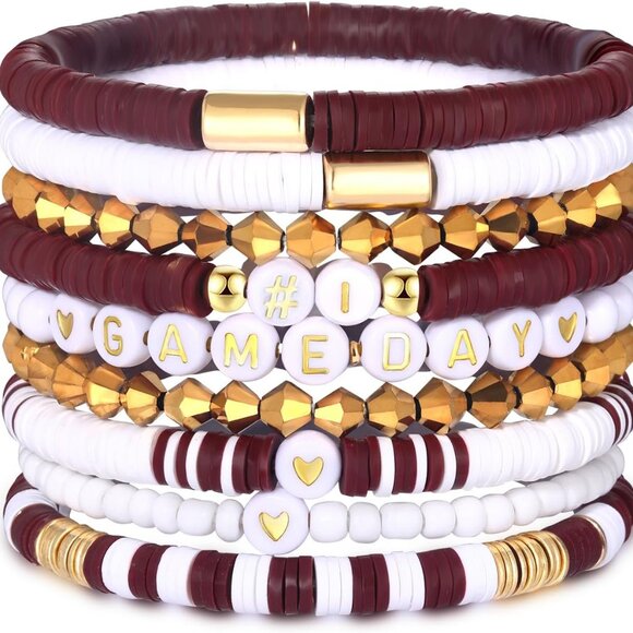 9 Pack Game Day Bracelets: Womens Stackable Heishi Beaded Football Fan Jewelry - Picture 1 of 6